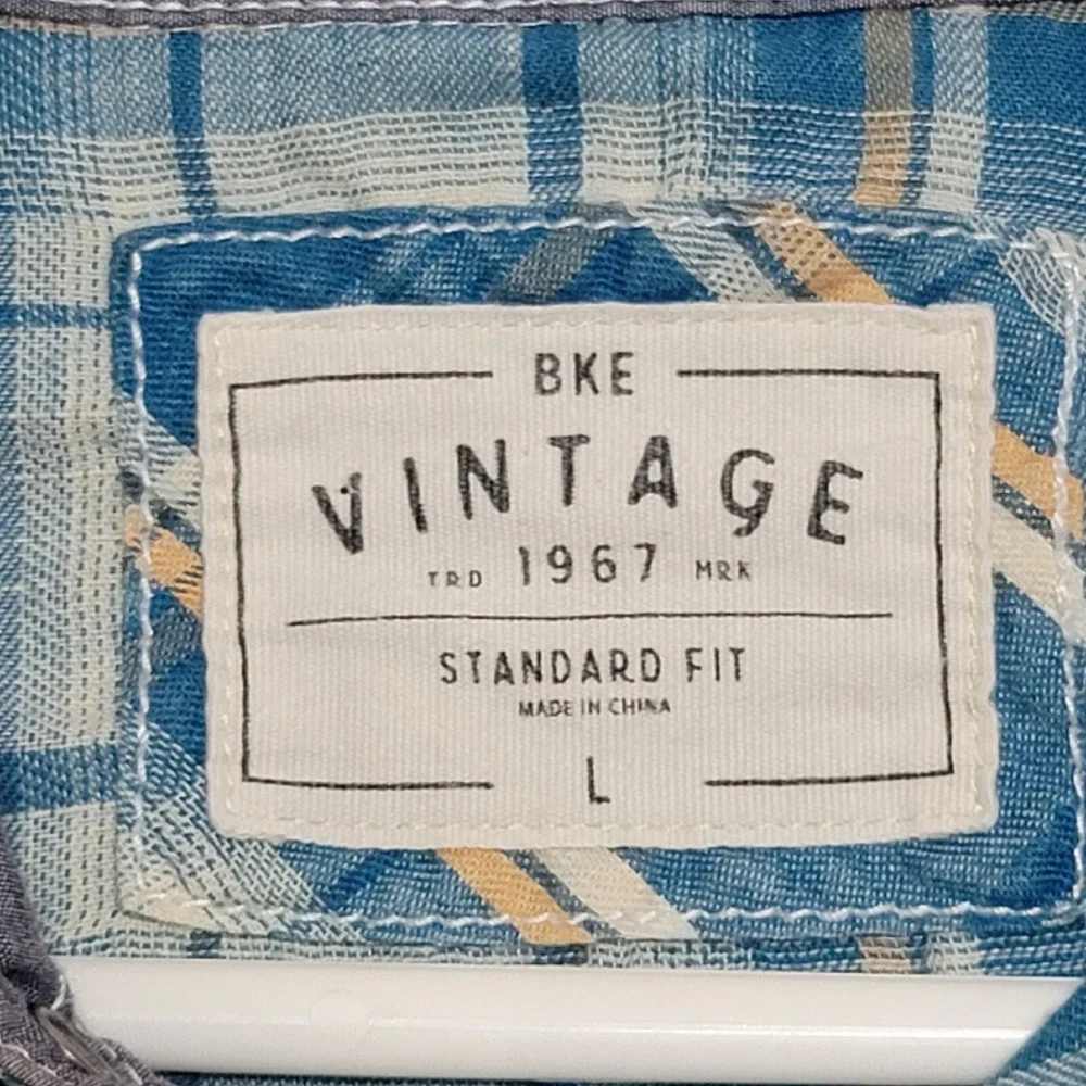 BKE Mens Pearl Snap Shirt Large Blue Plaid Western Rockabilly Vintage